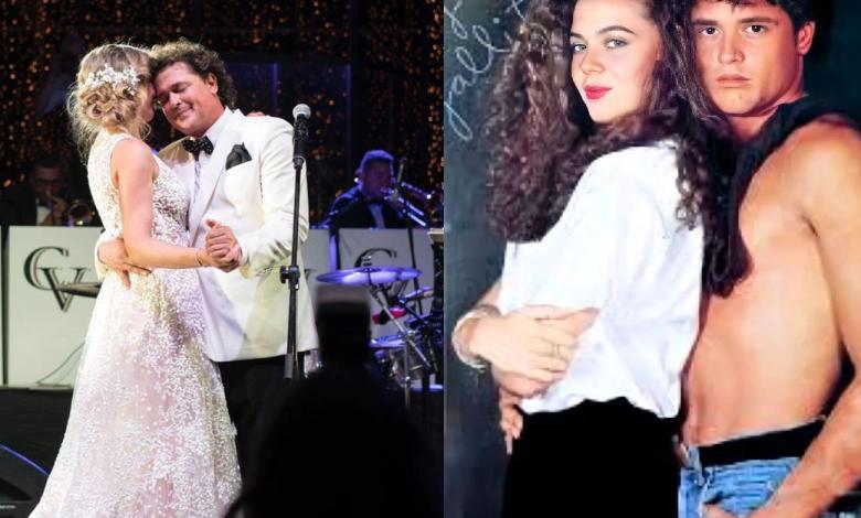 Dos fotografías de Carlos vives, a ala izquierda bailando con su actual esposa y en la derecha junto a Margarita en en la novela Gallito Ramírez’