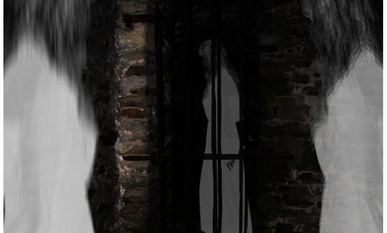 Fantasma de mujer caminando en pasillo de una casa