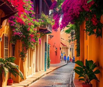 Calle colombiana con muchas flores 