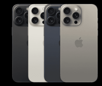 Celulares iPhone 15 Pro Max en color negro, blanco, azul oscuro y gris 