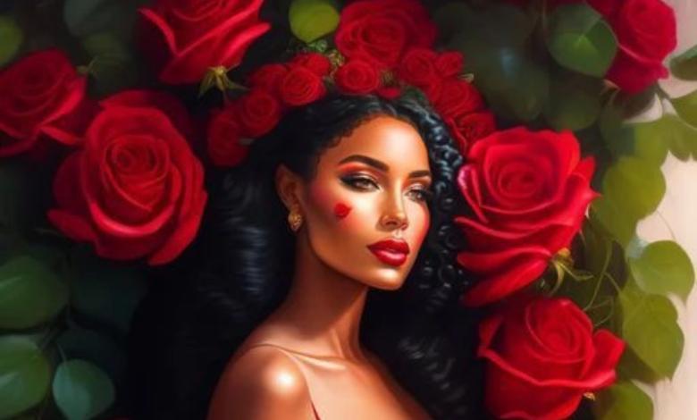 bruja en medio de rosas con vestido rojo